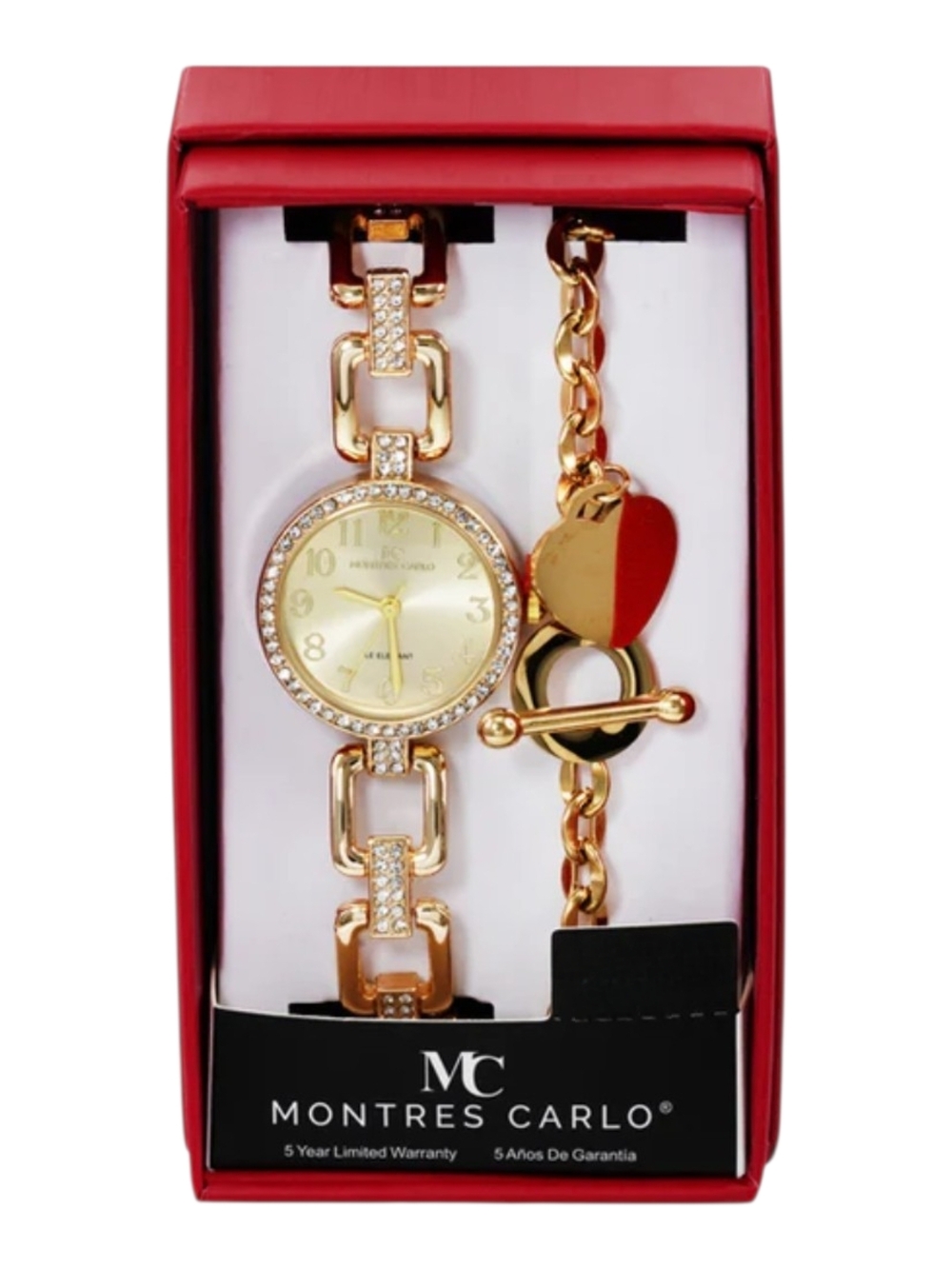 Women's Gold-Tone Crystal Bracelet Watch with Heart Charm Bracelet - Gold